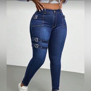 High Rise Blue Denim Jeans with Strap Accents